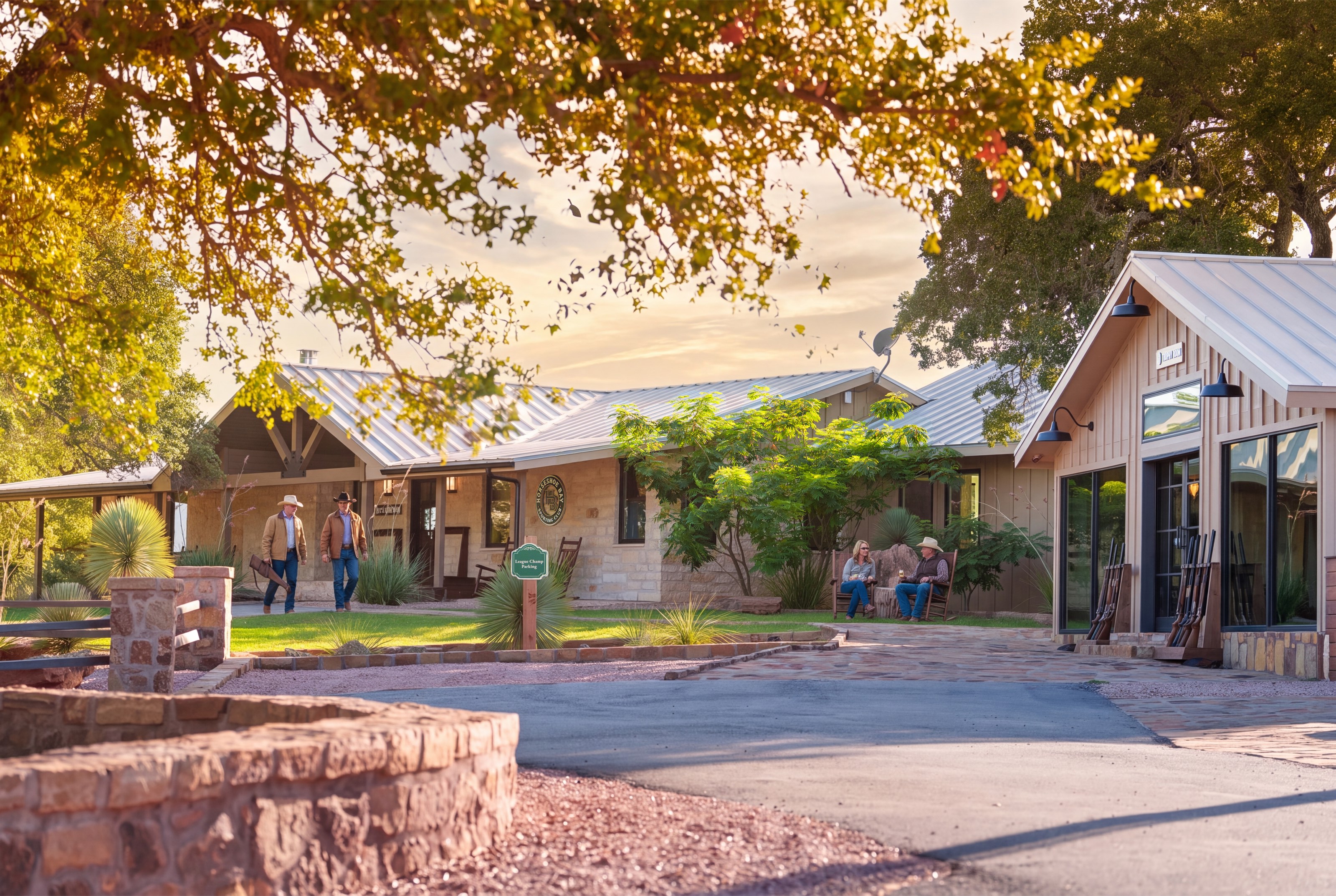 The clubhouse at golden hour, members walking up the path